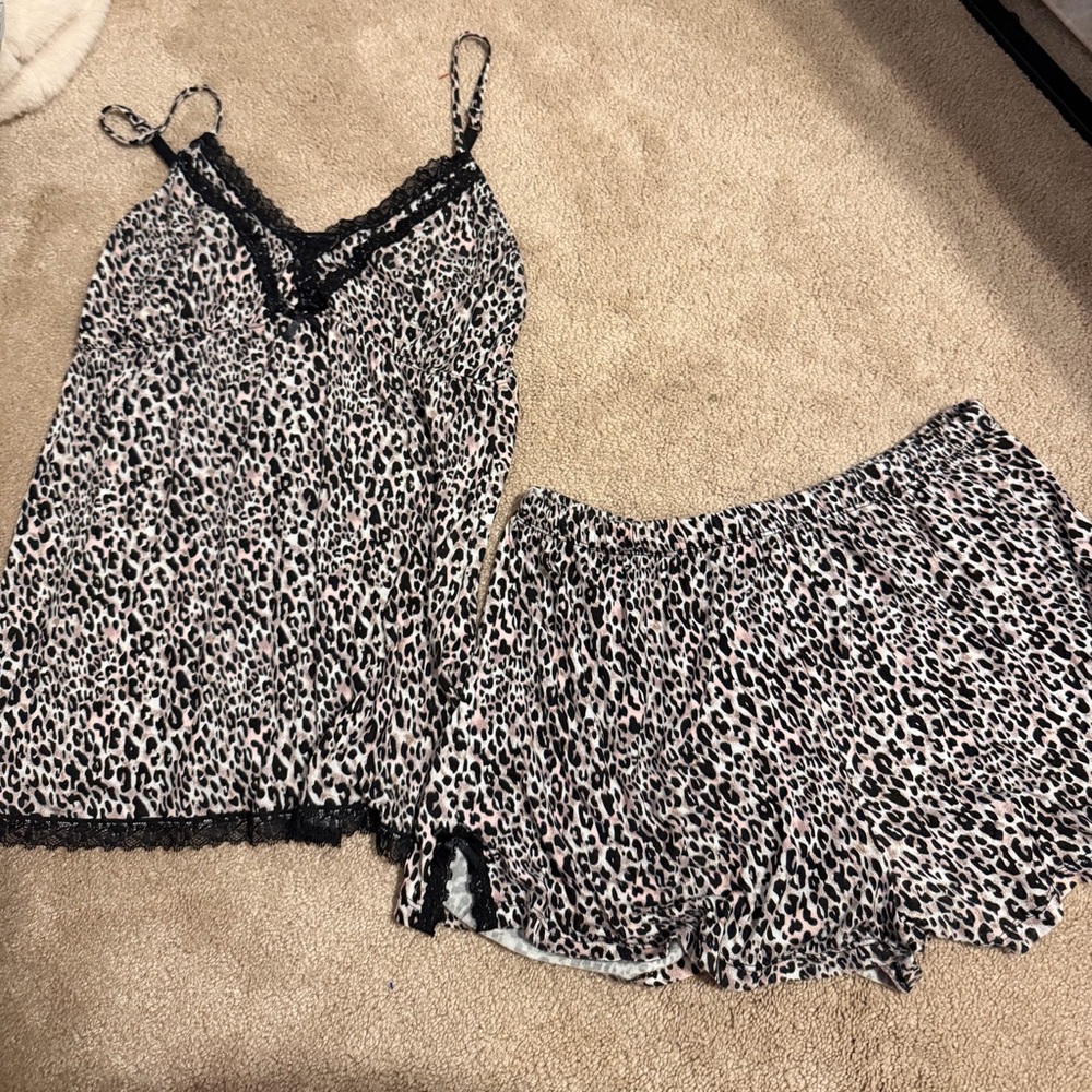 Leopard Lace-Trim Cami & Shorts Sleep Set - Black/White